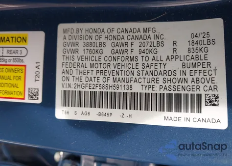 2025 Honda Civic Sport from USA, damaged, VIN 2HGFE2F58SH591138